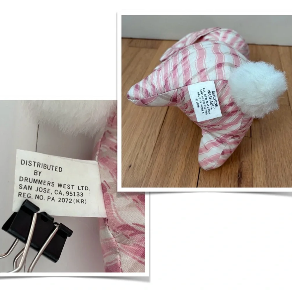 NWOT Saks Fifth Avenue Vintage Pink/White w/lt tan Striped Bunny, stuffed muslin